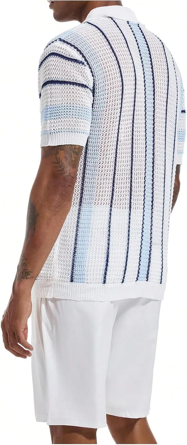 Men's Knitted Shirt Summer Vintage Striped Short Sleeve Casual Button Down Shirts Sweater