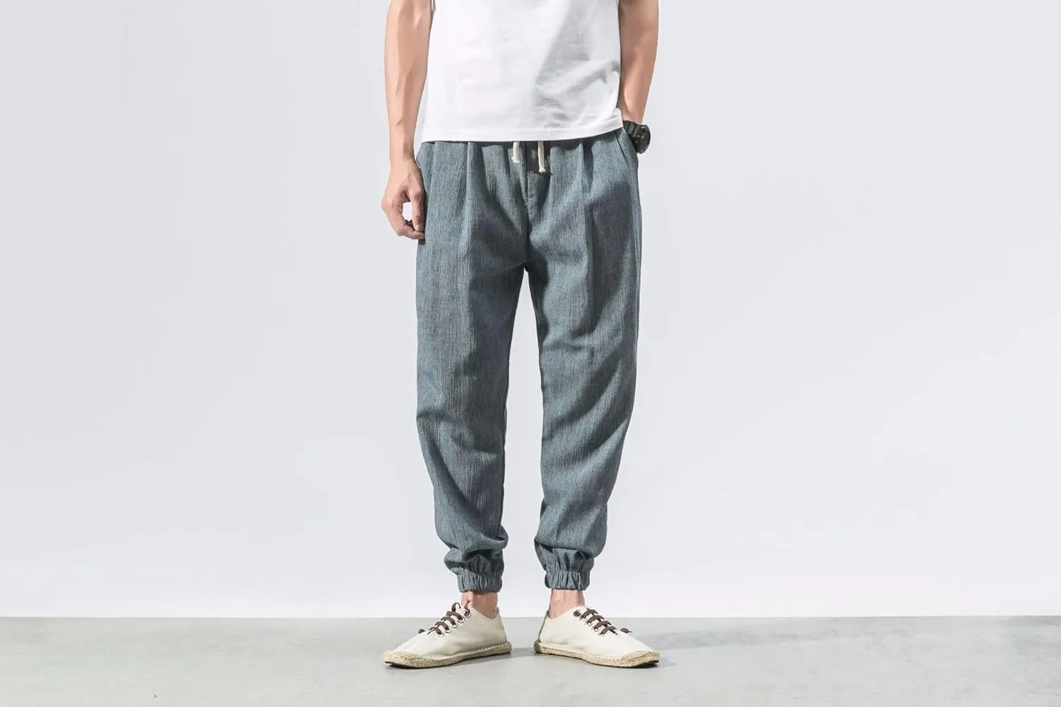 Men's Linen Harem Pants Drawstring Elastic Waist Casual Loose Fit Beach Pants with Pockets