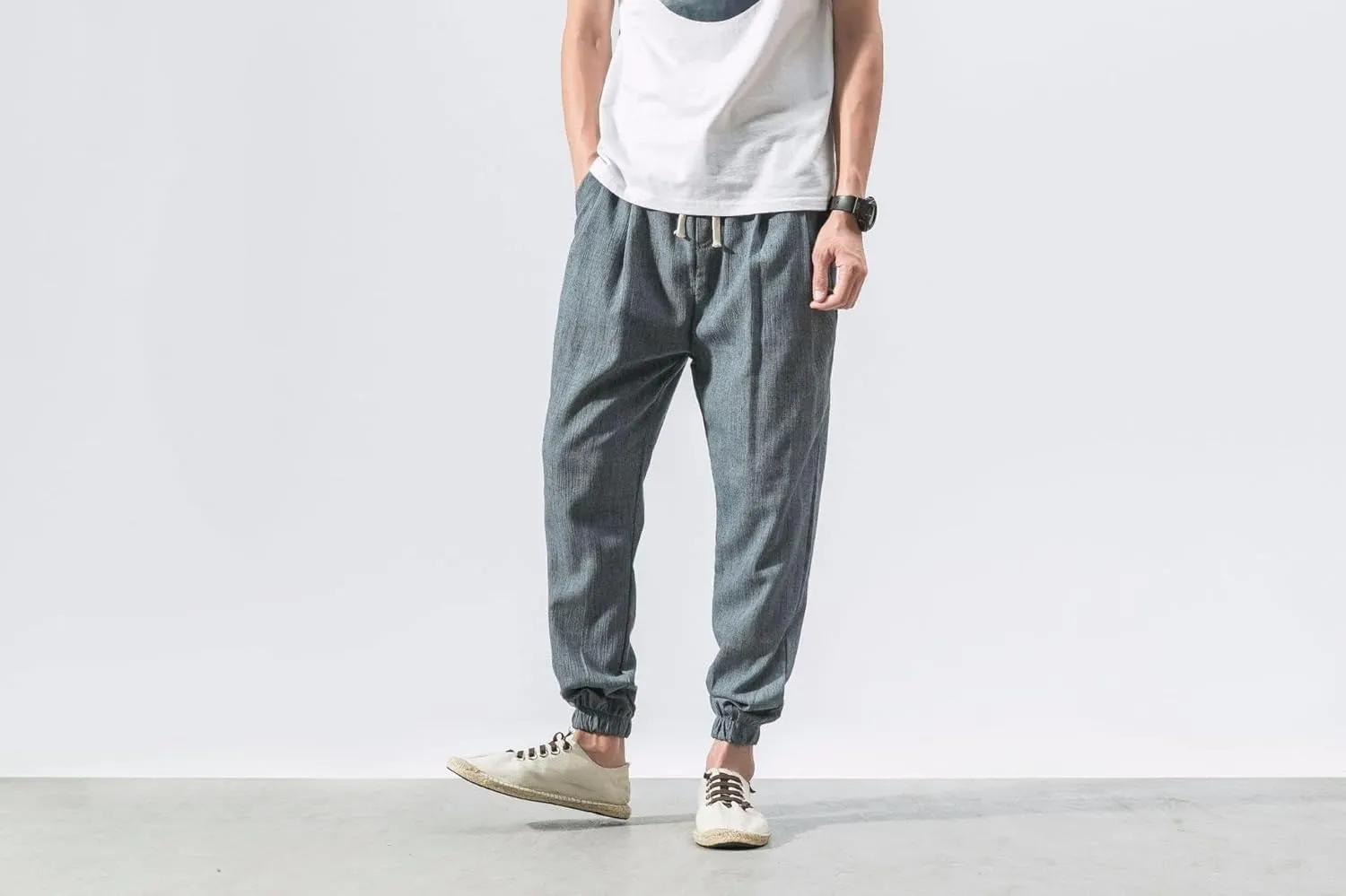 Men's Linen Harem Pants Drawstring Elastic Waist Casual Loose Fit Beach Pants with Pockets