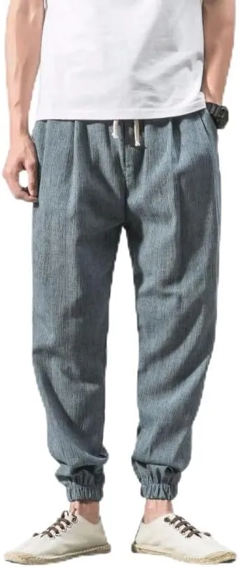 Men's Linen Harem Pants Drawstring Elastic Waist Casual Loose Fit Beach Pants with Pockets