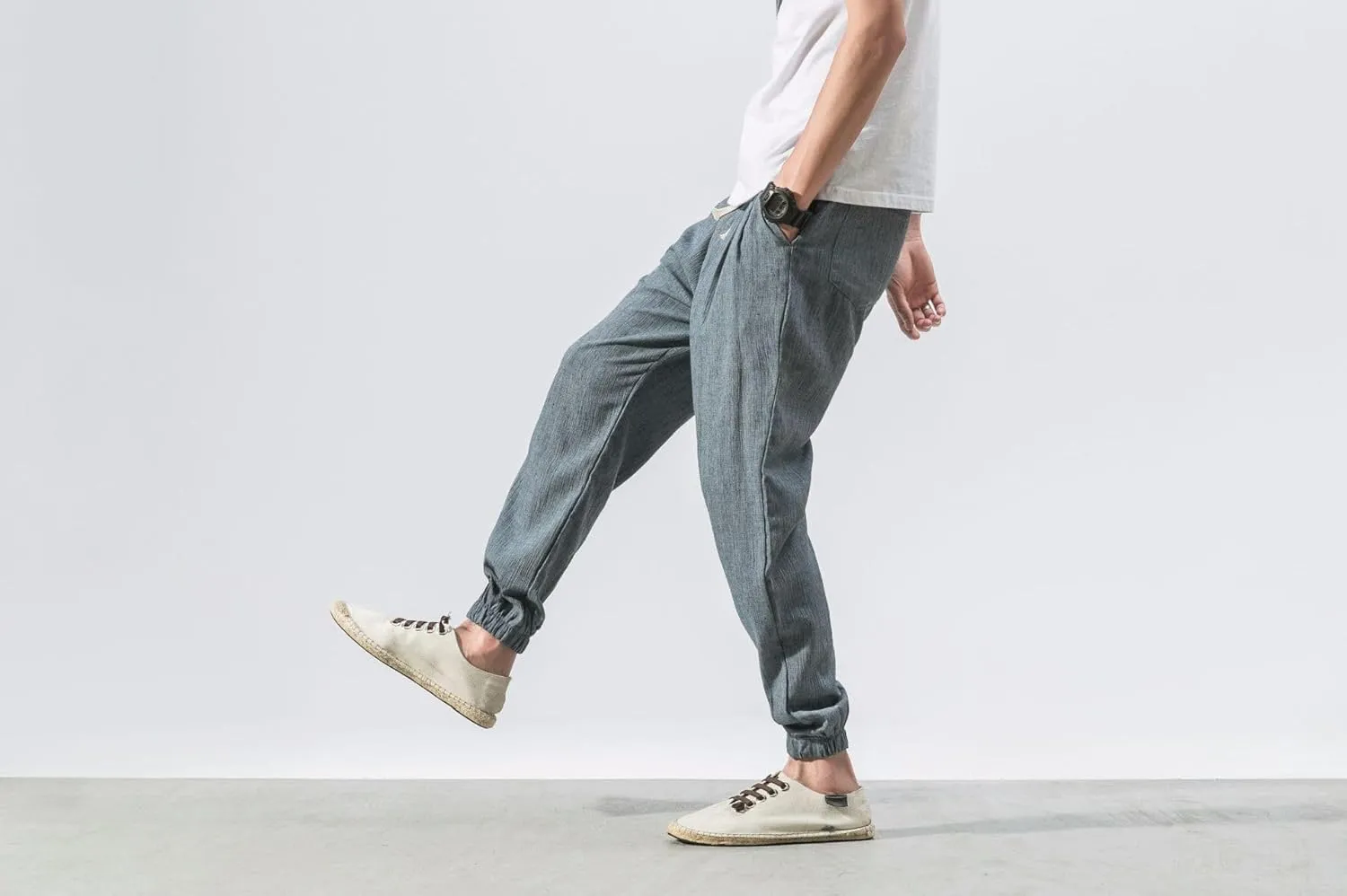 Men's Linen Harem Pants Drawstring Elastic Waist Casual Loose Fit Beach Pants with Pockets