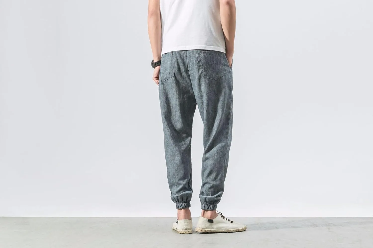 Men's Linen Harem Pants Drawstring Elastic Waist Casual Loose Fit Beach Pants with Pockets