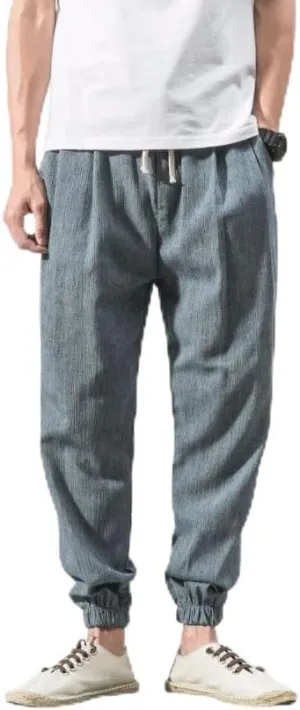 Men's Linen Harem Pants Drawstring Elastic Waist Casual Loose Fit Beach Pants with Pockets