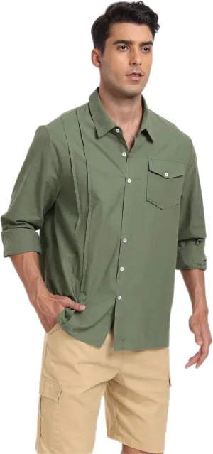 Mens Long Sleeve Causal Dress Shirt Button Down Wedding Cuban Shirts with Pocket