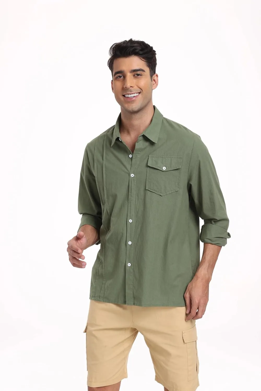 Mens Long Sleeve Causal Dress Shirt Button Down Wedding Cuban Shirts with Pocket