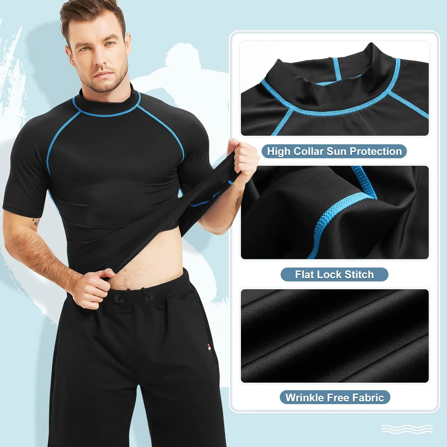 Mens Short Sleeve Rash Guard UPF 50  Sun Shirts Fishing Running Swimming Quick Dry Tops for Men