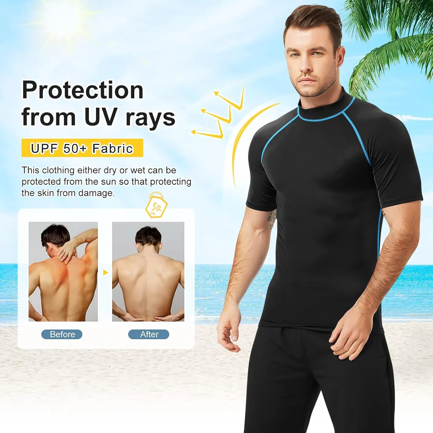 Mens Short Sleeve Rash Guard UPF 50  Sun Shirts Fishing Running Swimming Quick Dry Tops for Men