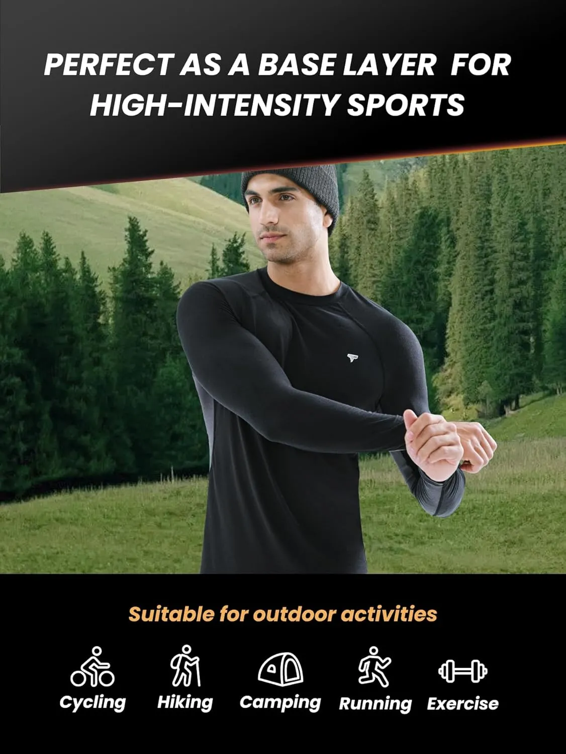 Mens Smart Thermal Base Layer - Long Sleeve Shirt with Temperature Regulation for Athletic, Hiking, Running