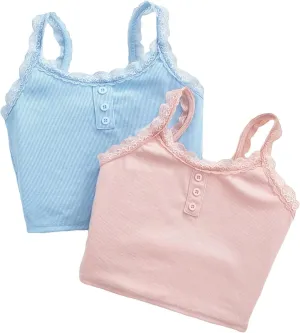 Milumia Girl's 2 Pack Cute Lace Trim Ribbed Camisoles Button Front Cami Crop Tops
