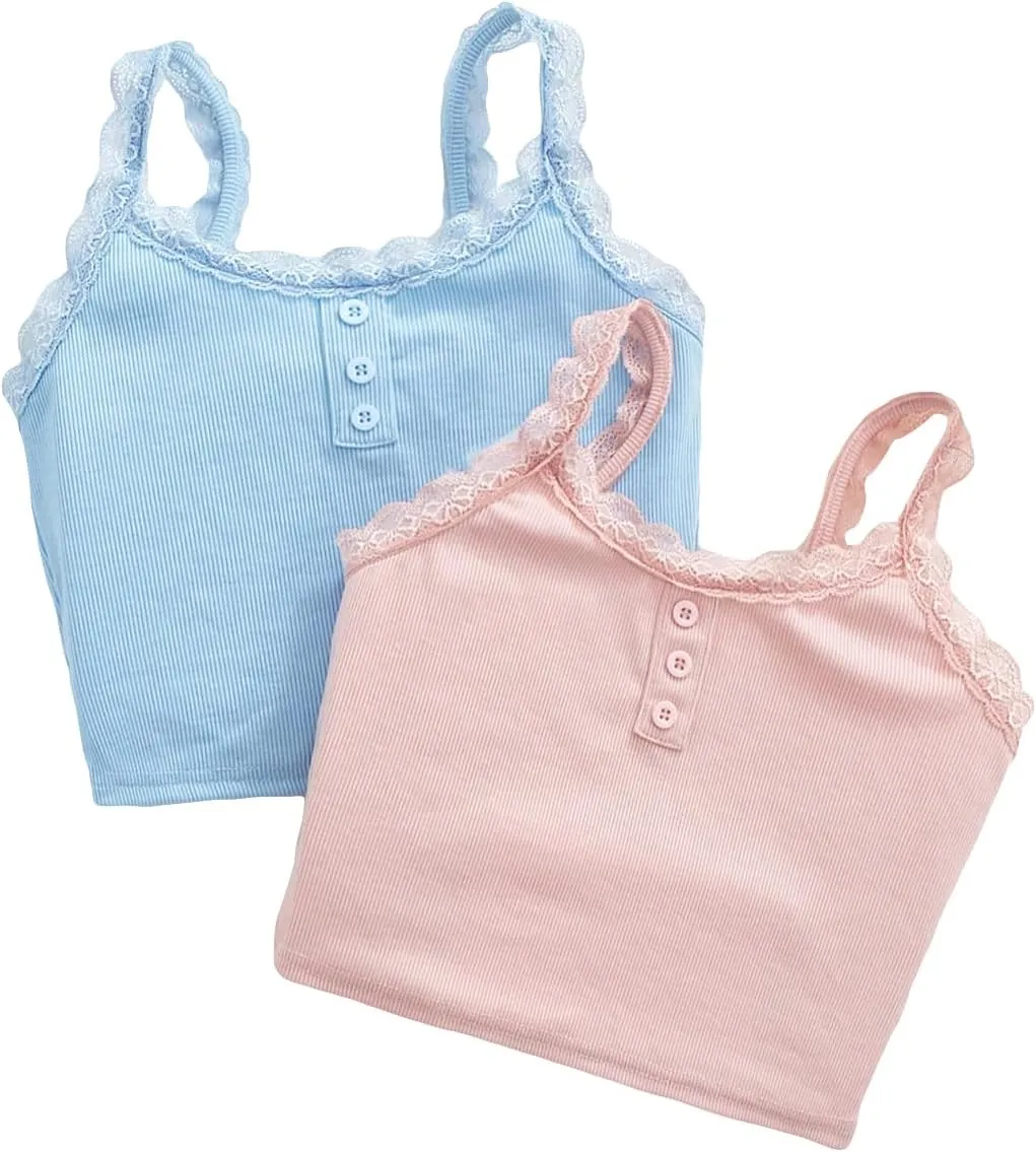 Milumia Girl's 2 Pack Cute Lace Trim Ribbed Camisoles Button Front Cami Crop Tops