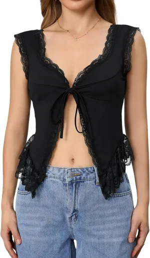 Milumia Women's Lace Trim Open Tie Front Tops Y2k Sleeveless Deep V Neck Going Out Tops