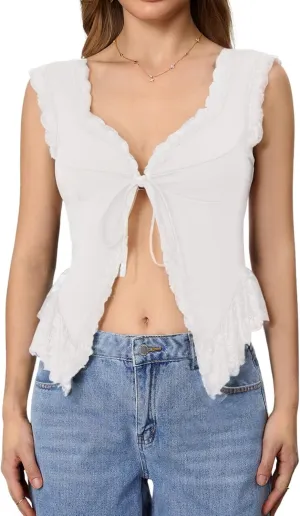 Milumia Women's Lace Trim Open Tie Front Tops Y2k Sleeveless Deep V Neck Going Out Tops