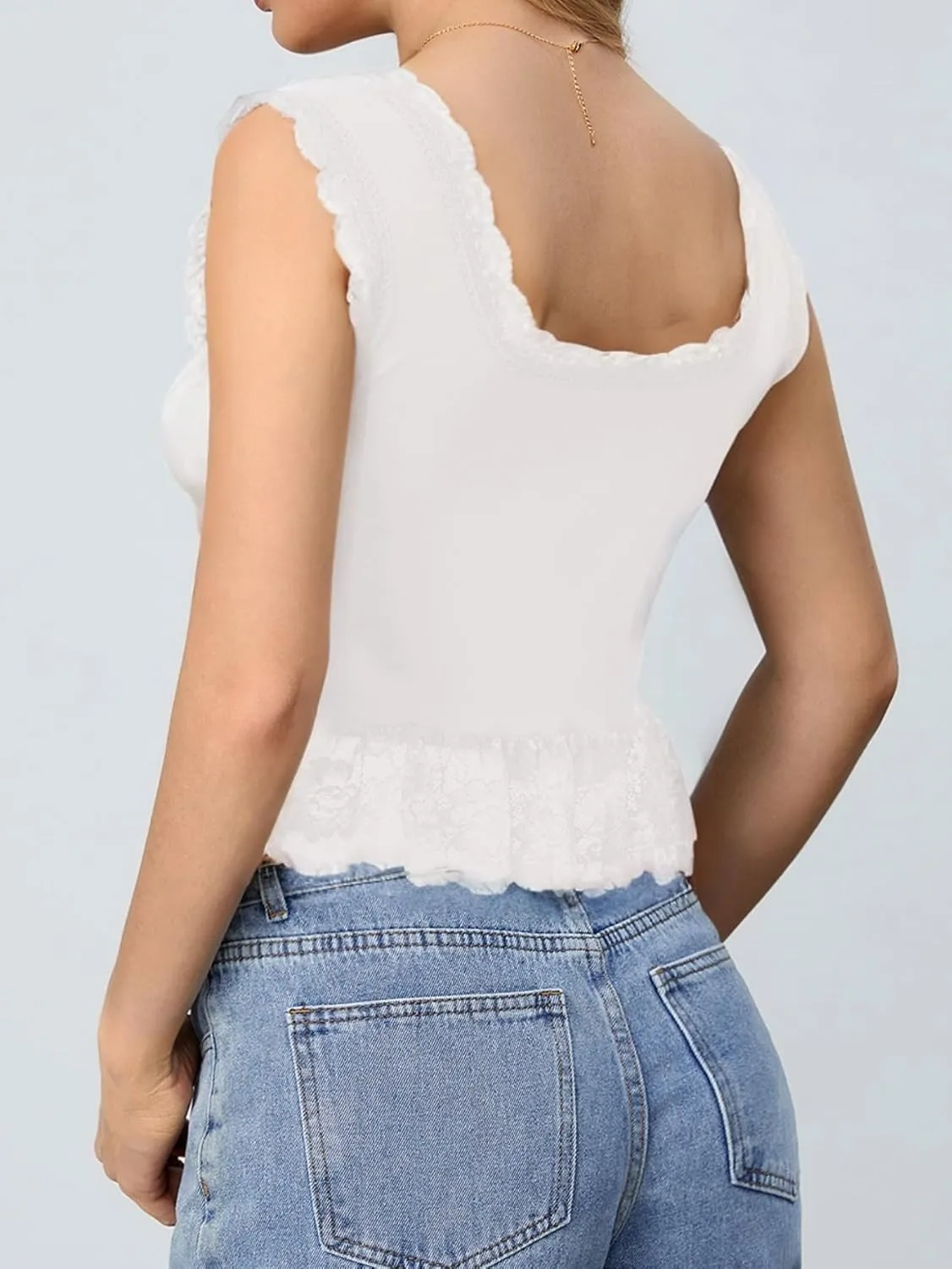 Milumia Women's Lace Trim Open Tie Front Tops Y2k Sleeveless Deep V Neck Going Out Tops