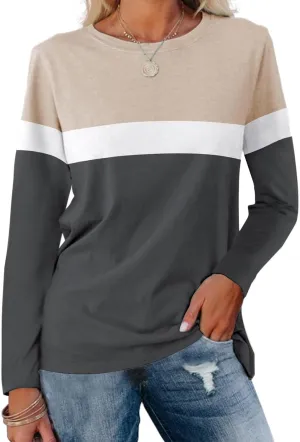 Minetom Women's Color Block Tunic Tops Casual Long Sleeve Shirts Round Neck Pullover