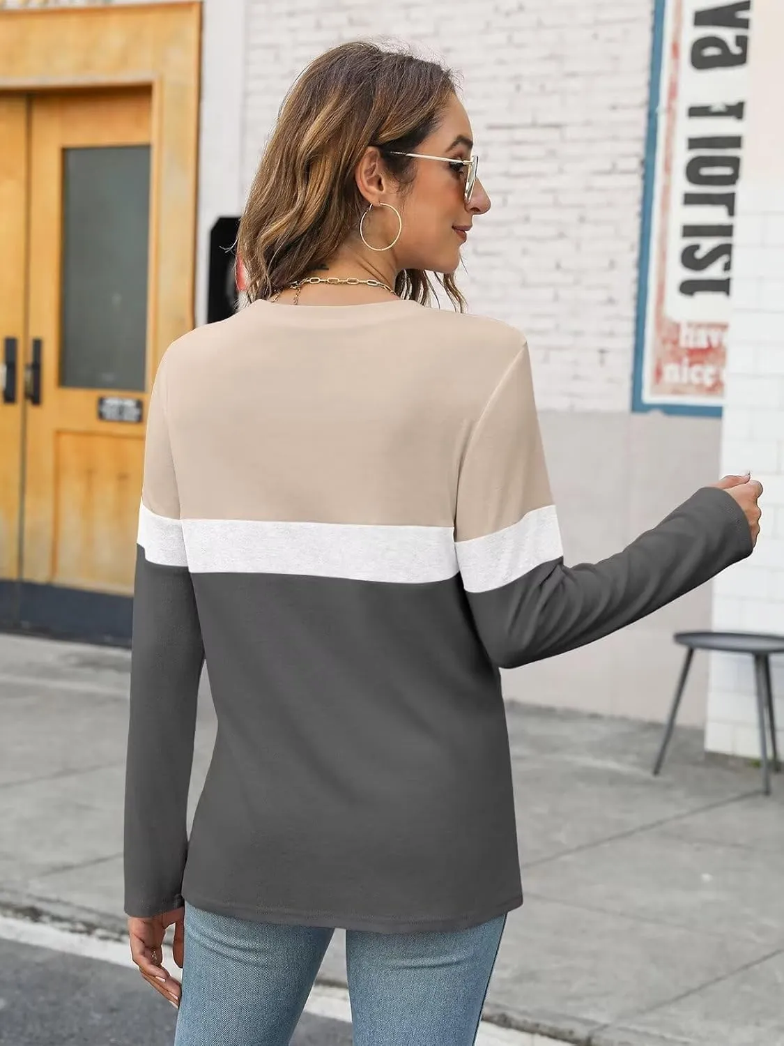 Minetom Women's Color Block Tunic Tops Casual Long Sleeve Shirts Round Neck Pullover
