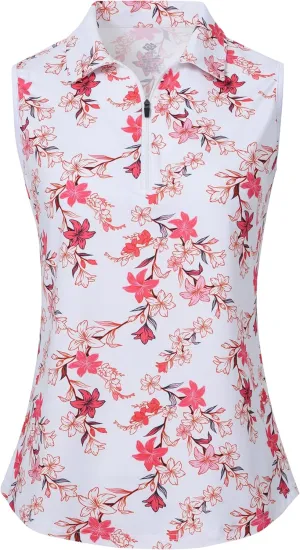 MoFiz Women's Sleeveless Golf Polo Shirts 1/4 Zip Floral Tennis Workout Golf Tank Top