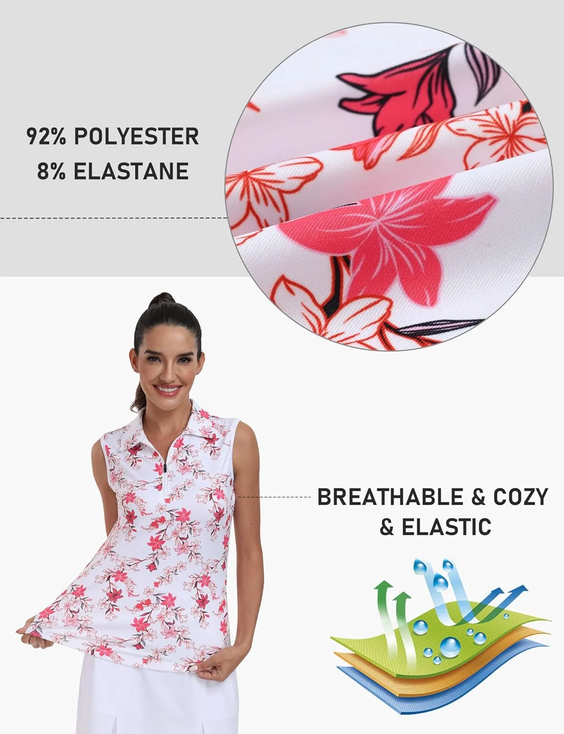 MoFiz Women's Sleeveless Golf Polo Shirts 1/4 Zip Floral Tennis Workout Golf Tank Top
