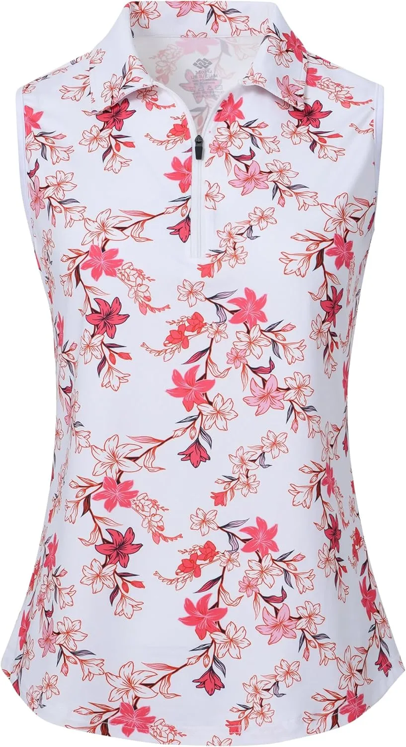 MoFiz Women's Sleeveless Golf Polo Shirts 1/4 Zip Floral Tennis Workout Golf Tank Top