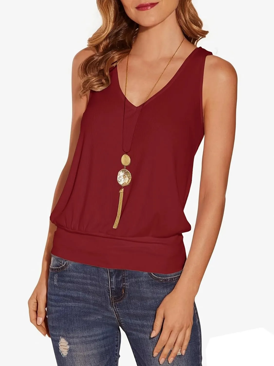 Muchpow Women's Casual V Neck Tank Tops Ribbed Sleeveless Summer Banded Bottom Shirt