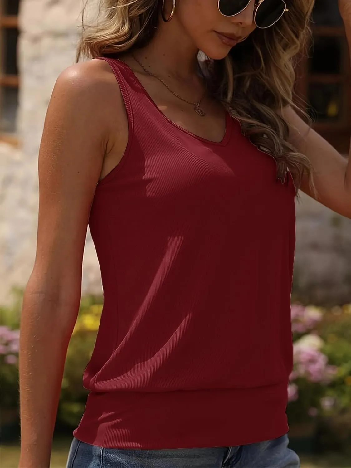 Muchpow Women's Casual V Neck Tank Tops Ribbed Sleeveless Summer Banded Bottom Shirt