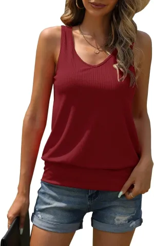 Muchpow Women's Casual V Neck Tank Tops Ribbed Sleeveless Summer Banded Bottom Shirt