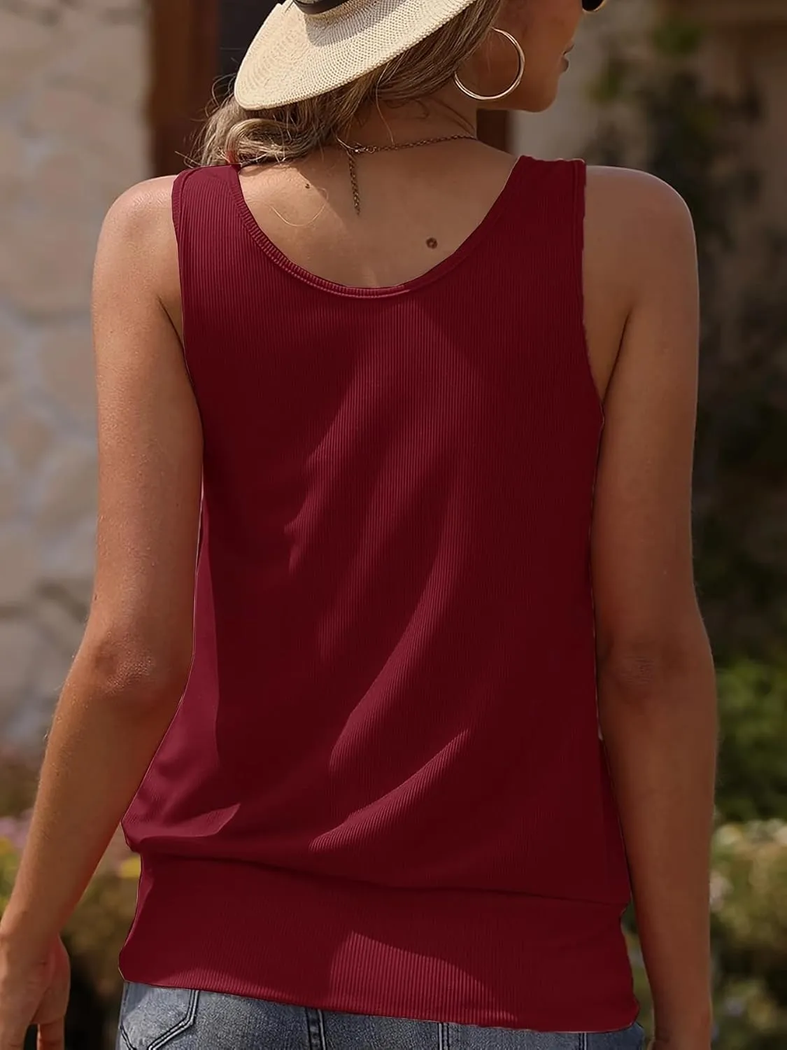 Muchpow Women's Casual V Neck Tank Tops Ribbed Sleeveless Summer Banded Bottom Shirt