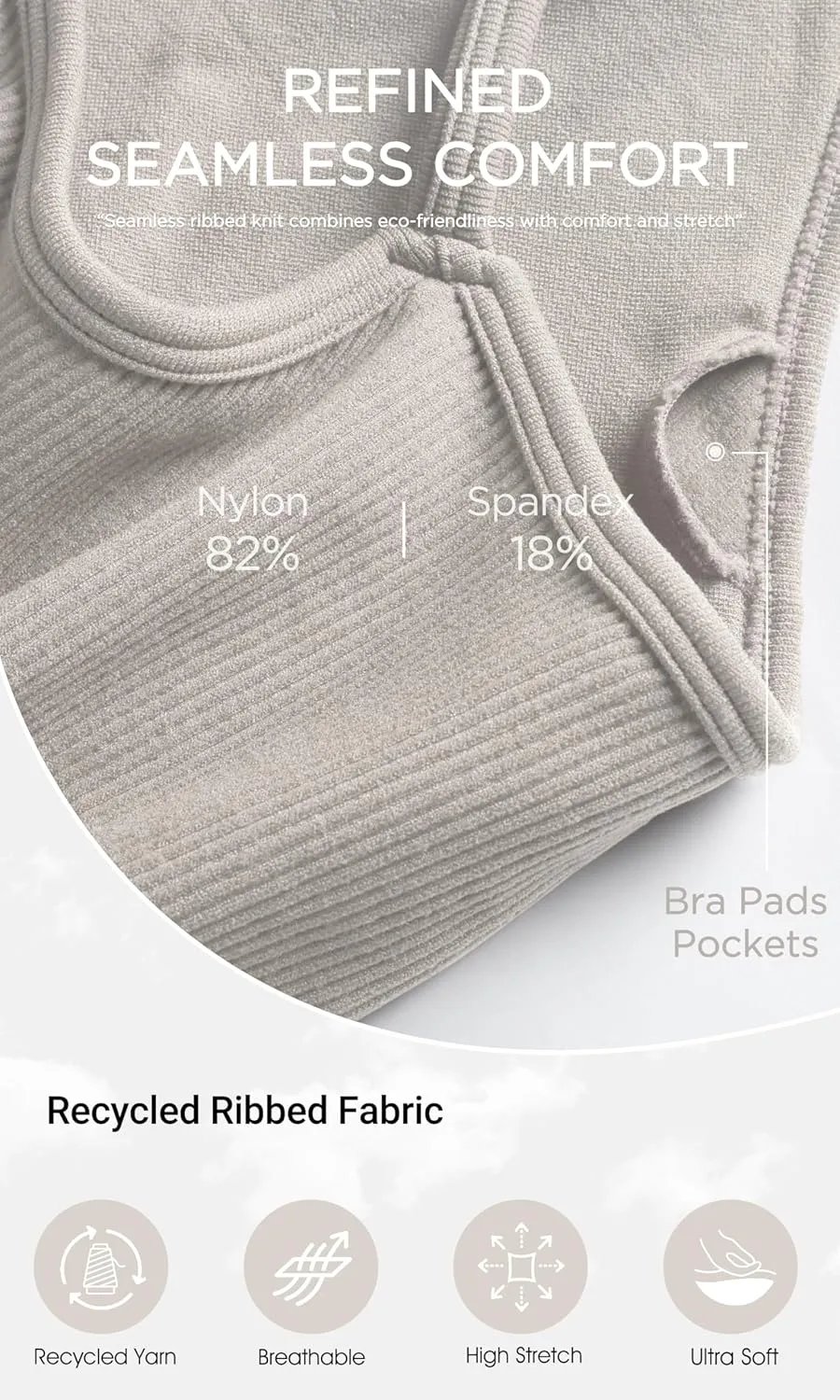 ODODOS Seamless Sports Bra for Women Ribbed Camisoles Non Padding Yoga Bra Crop Tank Tops
