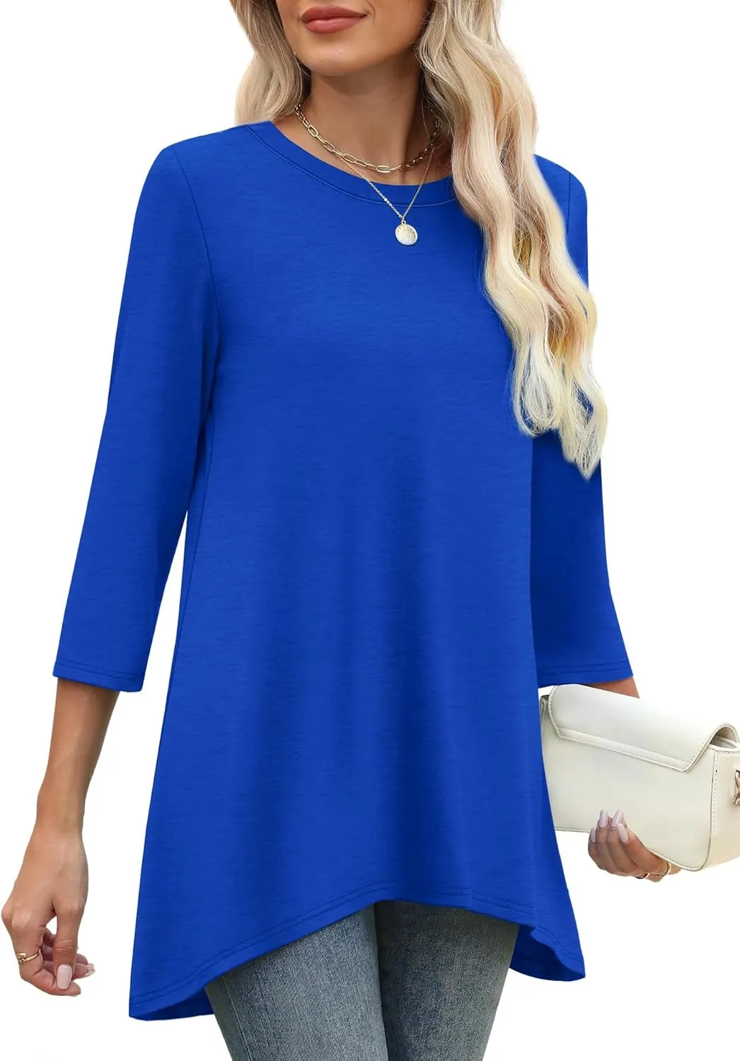 OFEEFAN Tunic Tops for Women Loose Fit Dressy 3/4 Length Sleeve Womens Tops with Asymmetrical Hem S-4XL