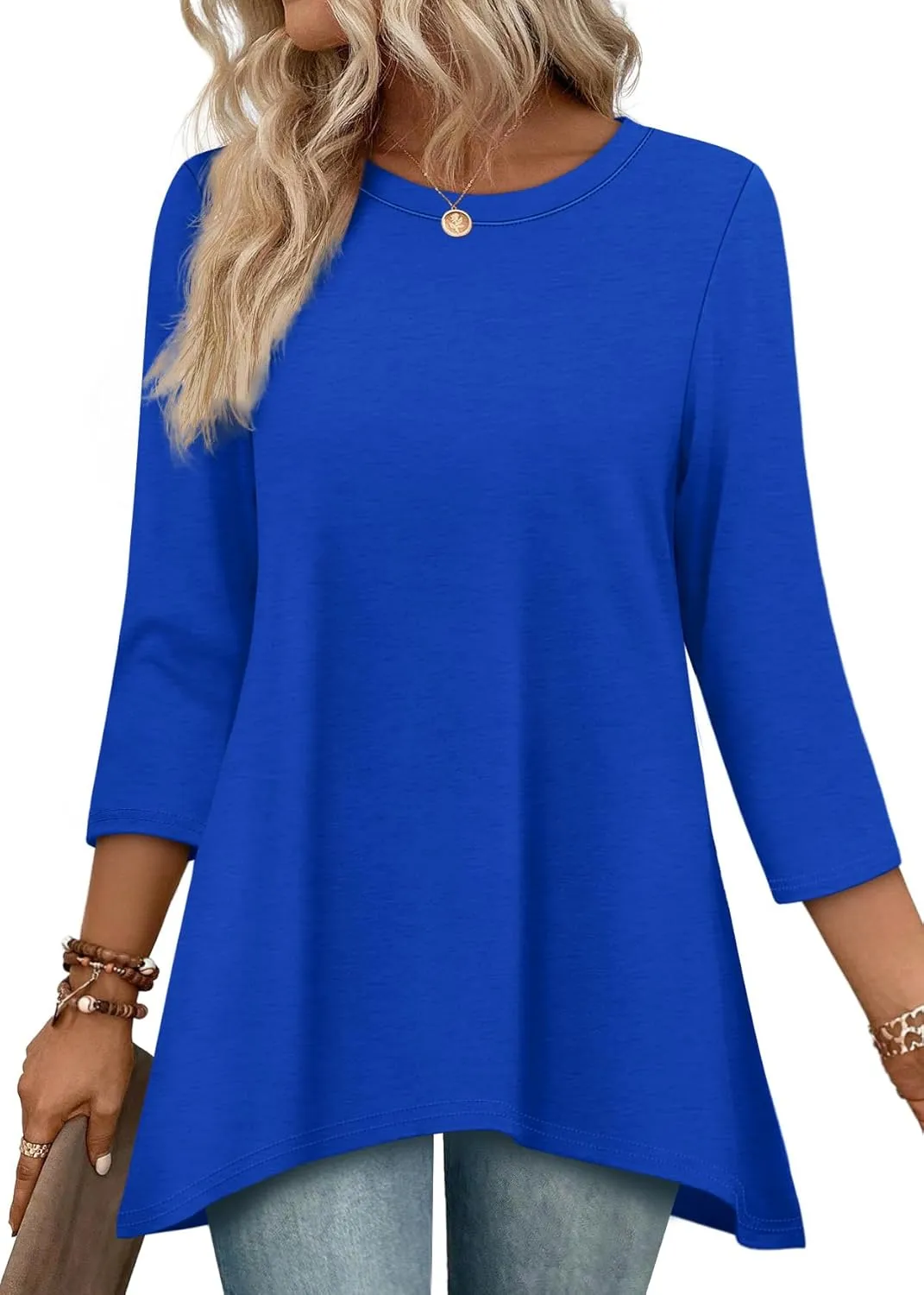 OFEEFAN Tunic Tops for Women Loose Fit Dressy 3/4 Length Sleeve Womens Tops with Asymmetrical Hem S-4XL
