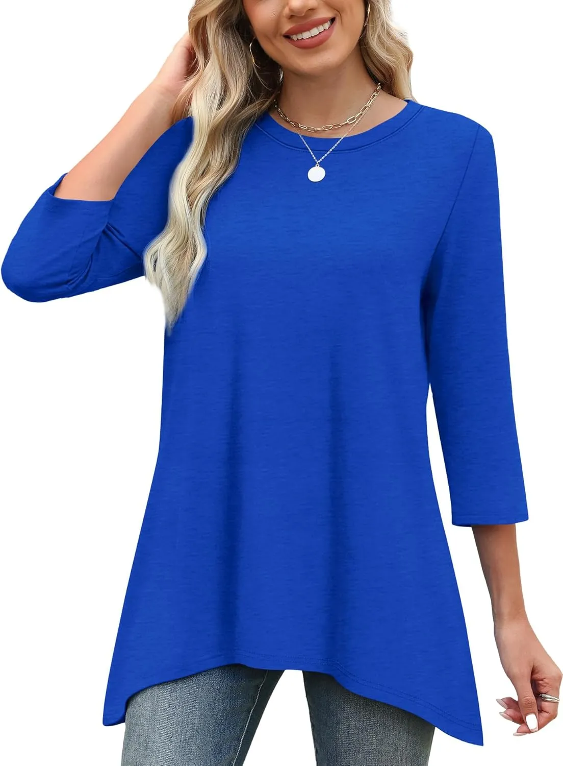 OFEEFAN Tunic Tops for Women Loose Fit Dressy 3/4 Length Sleeve Womens Tops with Asymmetrical Hem S-4XL