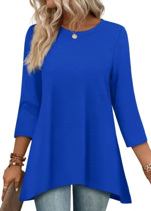 OFEEFAN Tunic Tops for Women Loose Fit Dressy 3/4 Length Sleeve Womens Tops with Asymmetrical Hem S-4XL