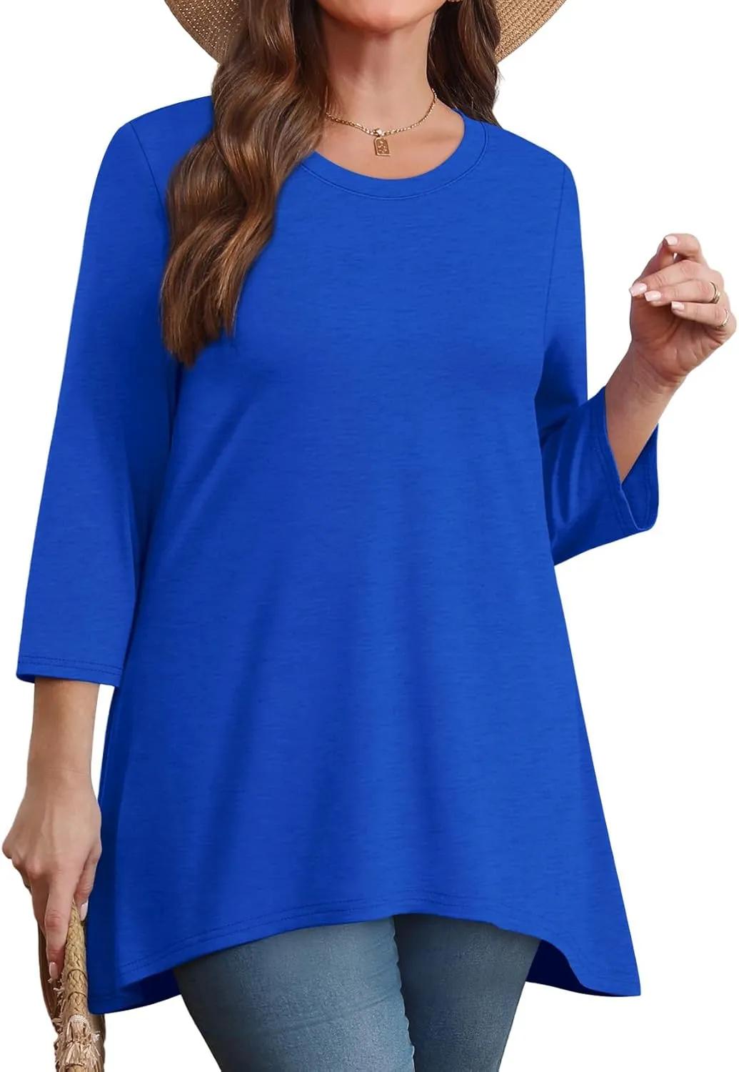 OFEEFAN Tunic Tops for Women Loose Fit Dressy 3/4 Length Sleeve Womens Tops with Asymmetrical Hem S-4XL