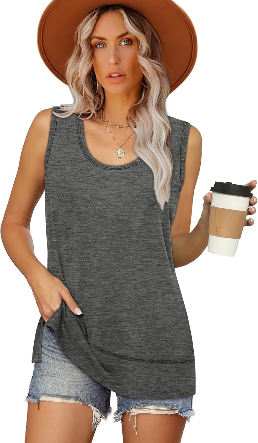 OFEEFAN Women's Side Slit Tank Tops Flowy Sleeveless Shirts Loose Fit Scoop Neck Tops Basic Casual S-4XL