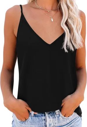 OMSJ Women's Spaghetti Strap Tank Tops V Neck Sleeveless Summer Loose Fit Shirts