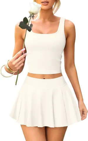 OQQ Women's 2 Piece Mini Skirt Sets Casual Summer Knit Cropped Tank Top with Sport Bra High Waisted Mini Skirts Outfit