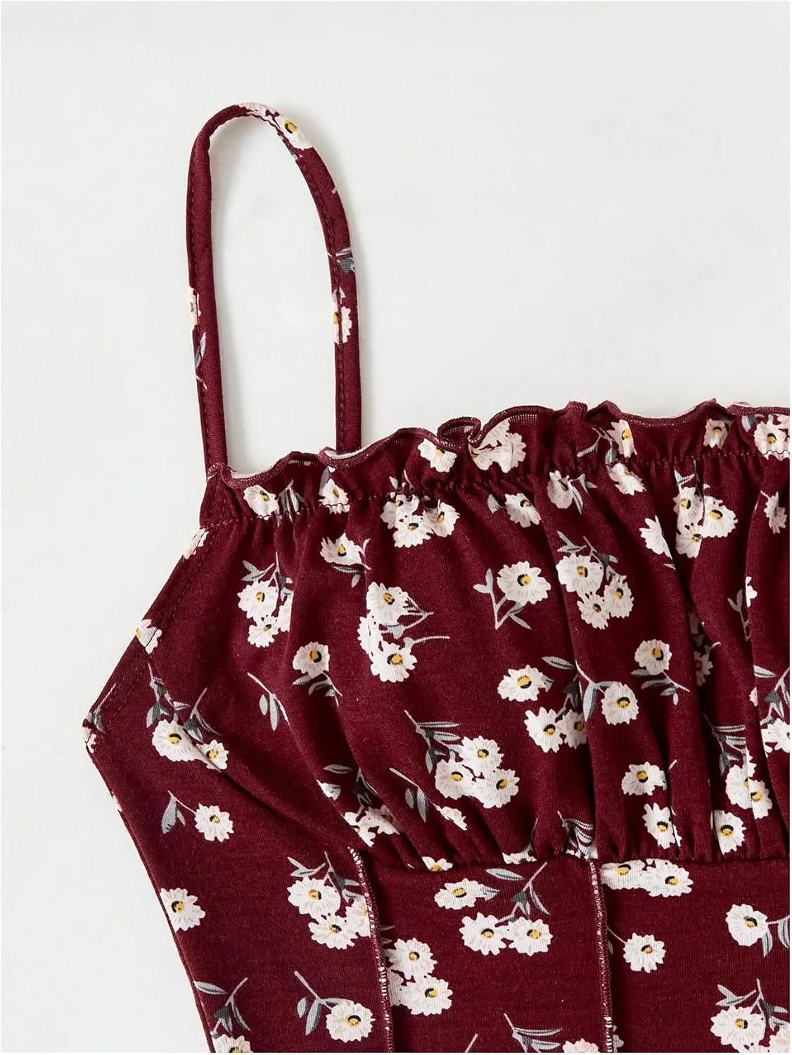 OYOANGLE Women's Floral Print Cami Crop Top Ruched Frilly Trim Spaghetti Strap Fitted Camisoles