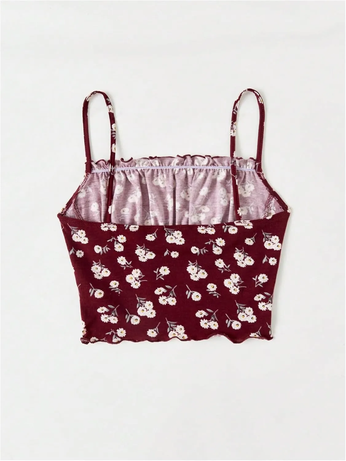 OYOANGLE Women's Floral Print Cami Crop Top Ruched Frilly Trim Spaghetti Strap Fitted Camisoles