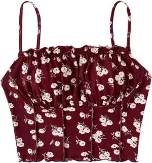 OYOANGLE Women's Floral Print Cami Crop Top Ruched Frilly Trim Spaghetti Strap Fitted Camisoles