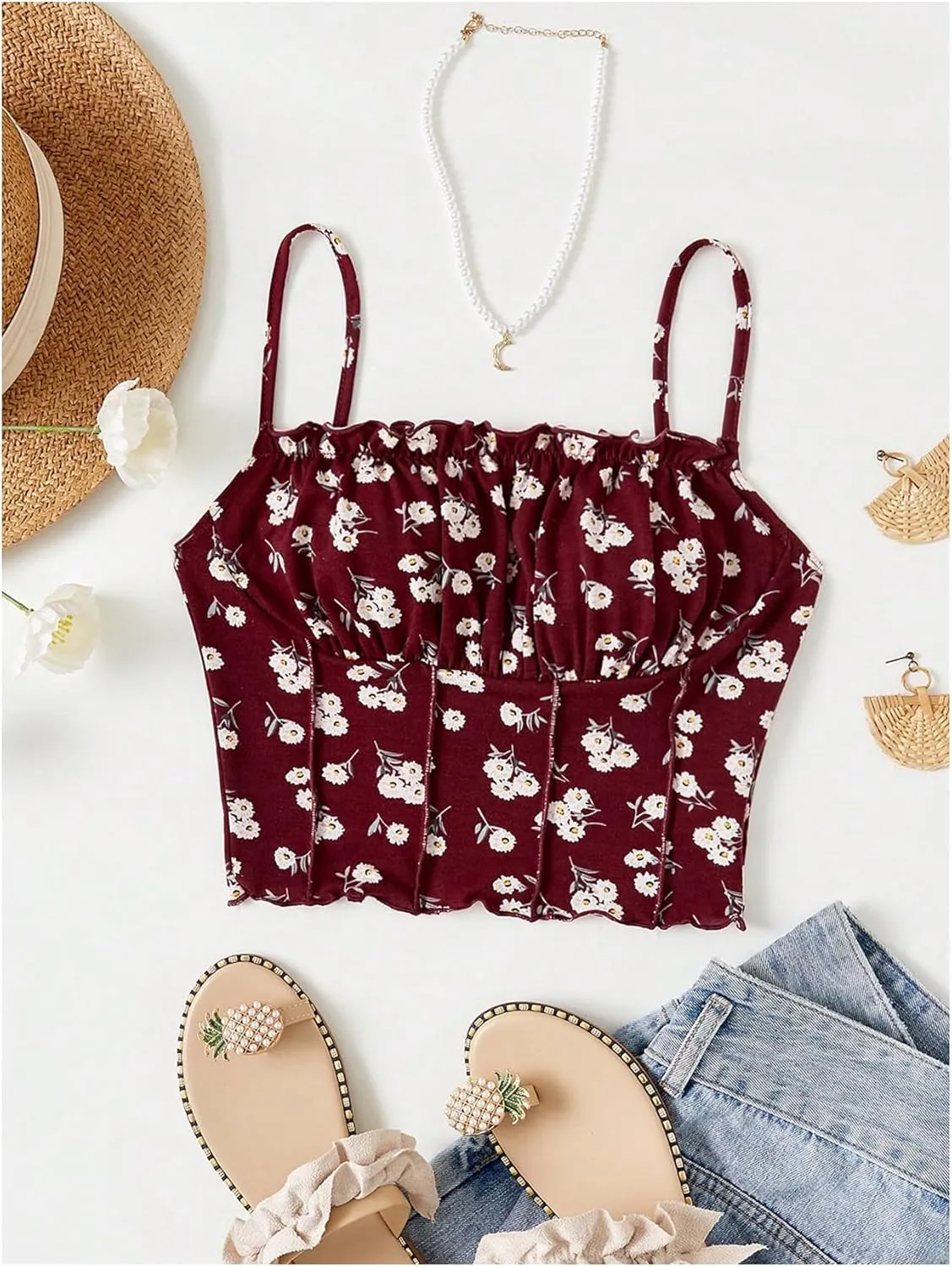 OYOANGLE Women's Floral Print Cami Crop Top Ruched Frilly Trim Spaghetti Strap Fitted Camisoles