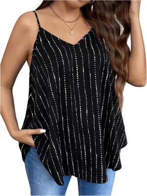 OYOANGLE Women's Plus Size Striped Print V Neck Cami Tops Spaghetti Strap Flowy Camisoles Sleeveless Tunic Shirts