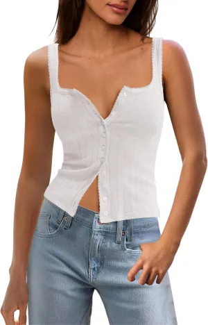 Panadila Womens Ribbed Square Neck Tank Top Summer Button Down Tanks Sleeveless Knit Tops Going Out Outfits