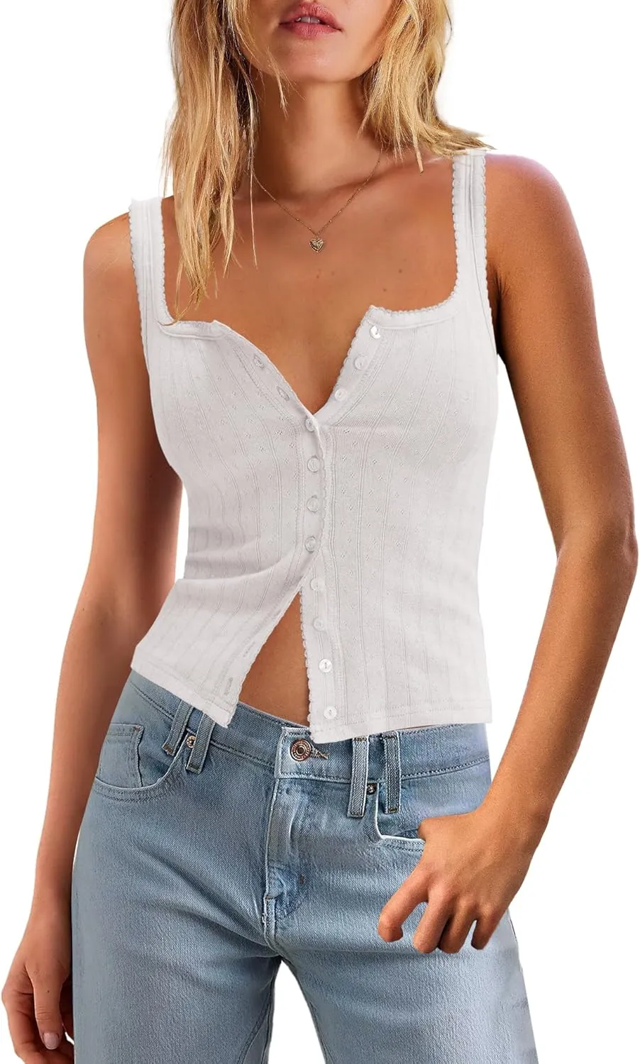 Panadila Womens Ribbed Square Neck Tank Top Summer Button Down Tanks Sleeveless Knit Tops Going Out Outfits