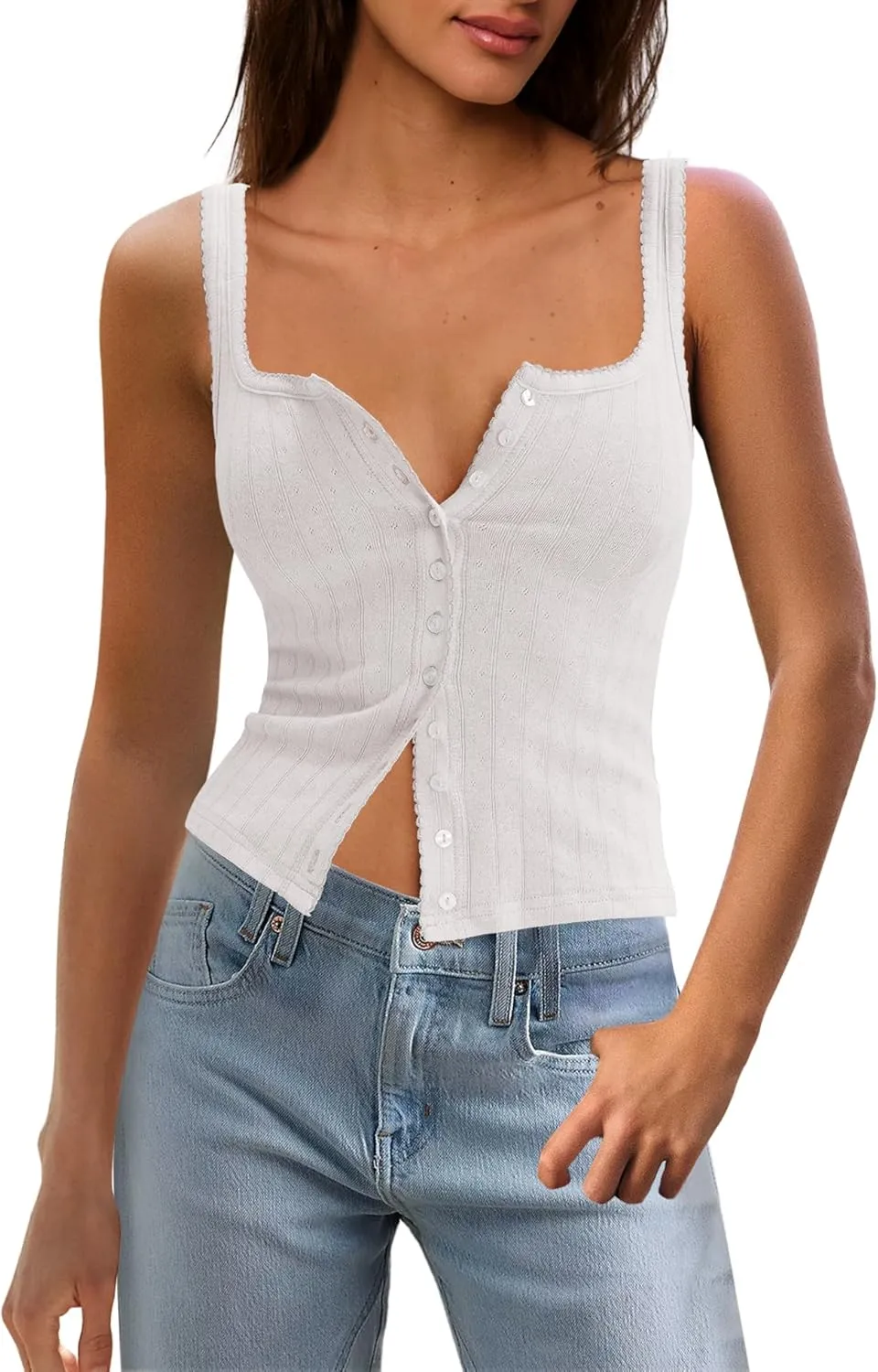 Panadila Womens Ribbed Square Neck Tank Top Summer Button Down Tanks Sleeveless Knit Tops Going Out Outfits
