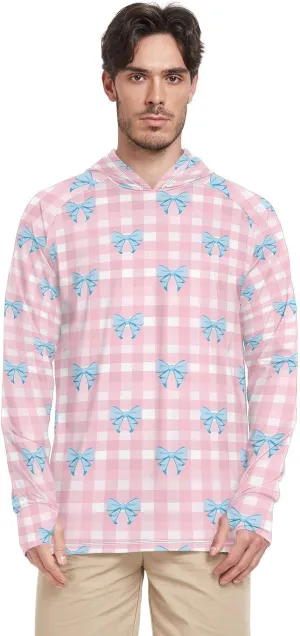 Pink Plaid Bow Mens Sun Hoodie Shirts UV Protection Long Sleeve Sun Shirt With Hood UPF 50  Quick Dry UV Rash Guard With Hood Swim Shirt camisas con gorro para hombres para trabajar