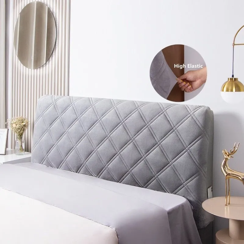Plush Velvet Bed Headboard Cover Elastic Solid Color Anti-Dust Protector