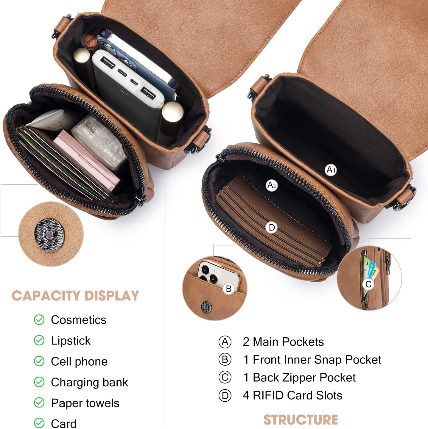 POIUGOYA Small Crossbody Bags for Women Trendy,Leather Triple Compartment Cell Phone Crossbody Wallet Purses with Card Slots