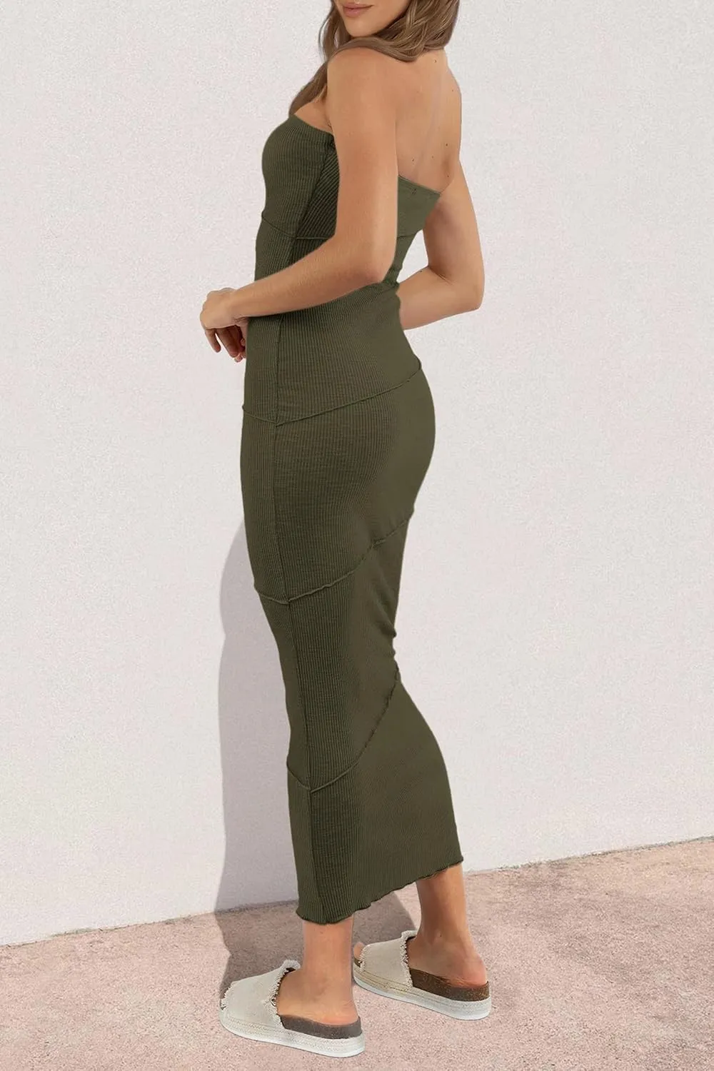 PRETTYGARDEN Women's Ribbed Maxi Bodycon Dress Summer Strapless Tube Y2K Party Club Long Dresses
