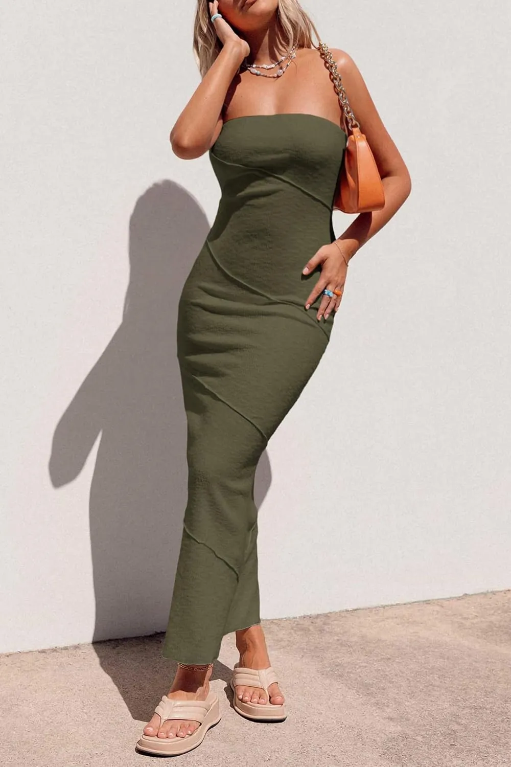 PRETTYGARDEN Women's Ribbed Maxi Bodycon Dress Summer Strapless Tube Y2K Party Club Long Dresses