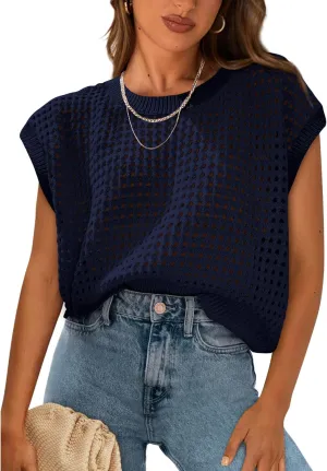 PRETTYGARDEN Womens Spring Tops 2025 Summer Shirts Crochet Cap Sleeve Sweater Pullover Cute Beach Vacation Clothes