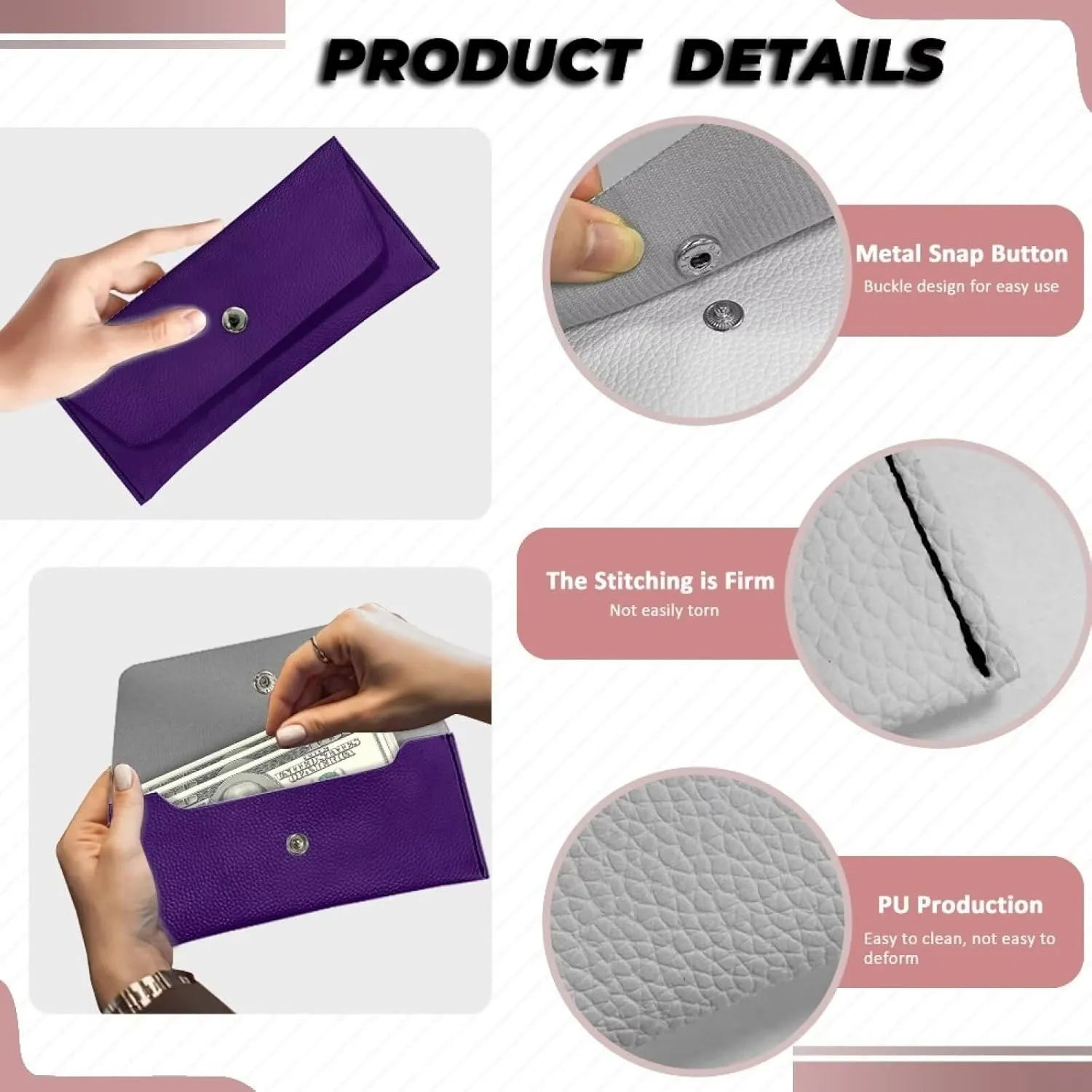 Purple Long Clutch Purses for Women Casual Lightweight Leather Clutch Bags Ladies Portable Cash Purses Pouch for Travel Business Shop Outdoor Use